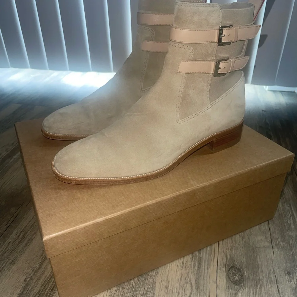 Christian Louboutin Beige Suede Ankle Boots with Pink Straps